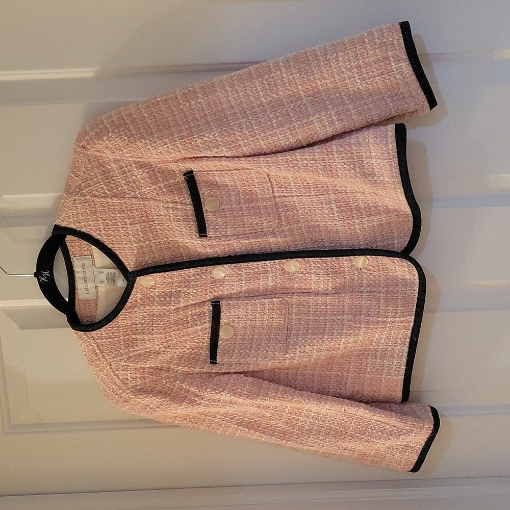 Liz Claiborne pink and white tweed blazer with denim accents small
